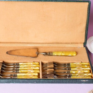 Cake server 12 dessert forks and French Vintage brass Set Cutlery 1970s dessert Serving image 8