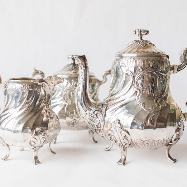 Christofle  Silver Plated Tea Coffee Set Antique Teapot French Louis XIV Art Nouveau Cristofle