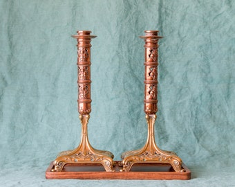 2 Big Candlesticks  Fleur de Lis Dolphins Dauphin  Bronze Candlesticks Floral Art Nouveau Style French Christmas bedroom