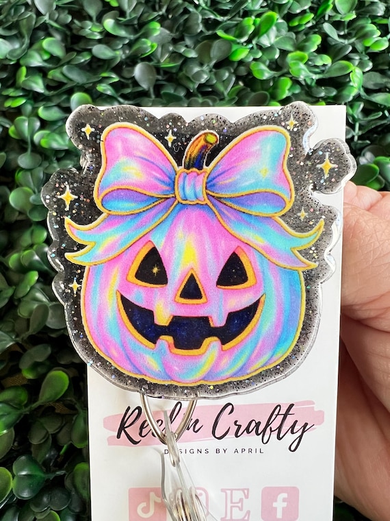 Iridescent Pumpkin Nurse Badge Reel Health Care Medical Professional Funny Green Halloween ID Holder Teacher OT PT Technician Name Holder