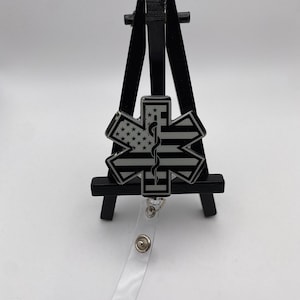 Star Of Life Flag Badge Reel EMS Health Care Medical Professional Gray ID Holder Paramedic EMT Retractable Custom Cute Personalized Emblem