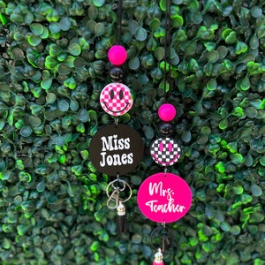 Checked Smile Lanyard Badge ID Holder Custom Beaded Affordable Teacher Gift Cute Personalized Name Student ID Smiley Face Black Pink Tassle