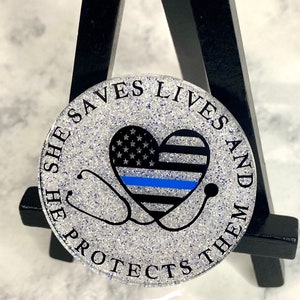 Thin Blue Line Badge Reel She Save Lives Nurse Retractable Health Care Medical Professional ID Holder OT PT Technician Teacher Custom Cute