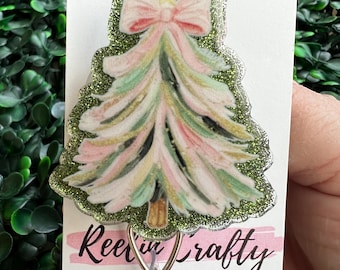 Pink Christmas Tree Badge Reel Health Care Medical Professional Funny Red Cute Custom Handmade OT PT teacher technician Holiday Christmas