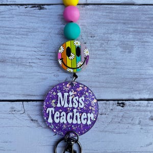 Rainbow Daisy Smile Lanyard Badge ID Holder Custom Beaded Affordable Teacher Gift Cute Personalized Name Student ID Face