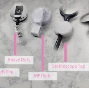 May include: A comparison of different types of retractable badge reels and lanyards. The reels include a standard alligator clip, a heavy-duty belt clip, an MRI safe clip, and a stethoscope tag. The lanyard is a breakaway lanyard.