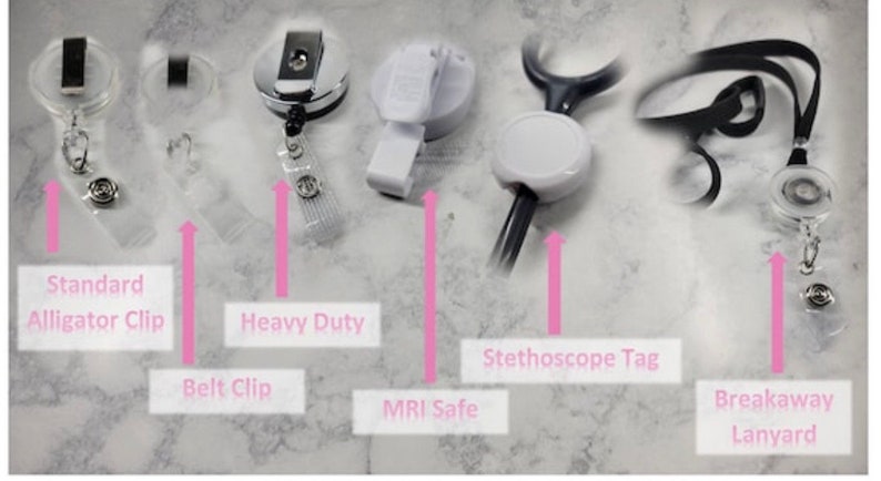 May include: A comparison of different types of retractable badge reels and lanyards. The reels include a standard alligator clip, a heavy-duty belt clip, an MRI safe clip, and a stethoscope tag. The lanyard is a breakaway lanyard.