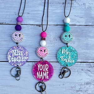 Checked Smile Lanyard Badge ID Holder Custom Beaded Affordable Teacher Gift Cute Personalized Name Student ID Smiley Face