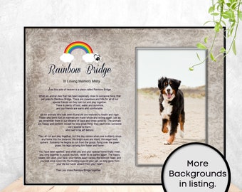 May include: A printable memorial card with a rainbow bridge design and a photo of a Bernese Mountain Dog. The card includes a poem about the Rainbow Bridge, a place where pets go after they die. The text on the card reads "Rainbow Bridge In Loving Memory Misty".