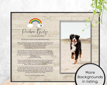 May include: A printable memorial card with a rainbow bridge design and a photo of a dog running on a beach. The text reads "Rainbow Bridge In Loving Memory Misty".
