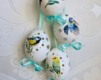 Ostereier mit Vögeln und Madeira-Design, Set mit 4 Eiern