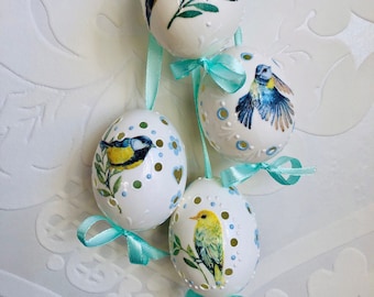 Easter Eggs with Birds and Madeira Design, Set of 4 eggs