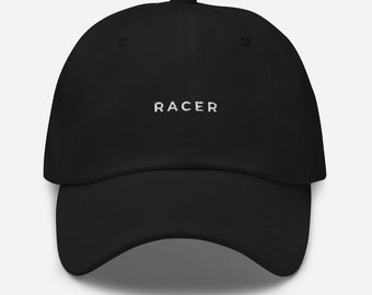 RACER Hat, embroidered, black, simple, minimal, nuancelabel, cars, race, motorcycle, fast, speed, fun, tune, jdm, gtr, v6, v8, apparel, gas.