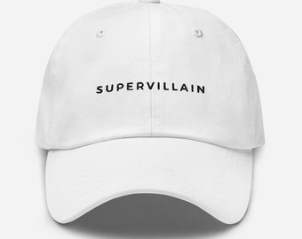 SUPERVILLAIN Hat, embroidered, white, simple, minimal, nuancelabel, superhero, villain, special, evil, new, popular, love, characters, fun.