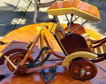 Vintage Miniature Wooden Asian Bicycle Taxi .