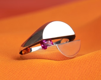 Cracked - Handmade, Unique, Sustainable Sterling Silver Signet Ring with Rubies and Sapphires