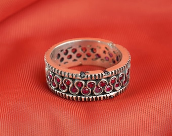 Loop - Handmade, Unique, Sustainable Sterling Silver Ring with Rubies, Orange & Blue Sapphires