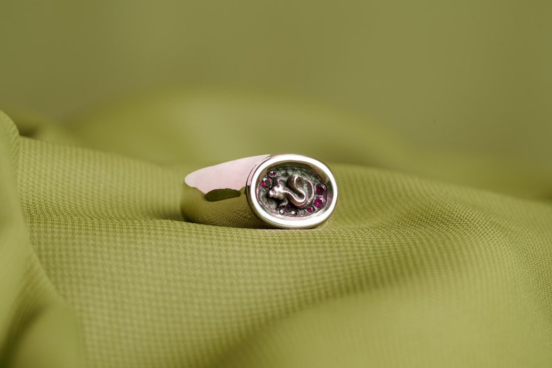 A silver signet ring featuring a python, surrounded by pink rubies.