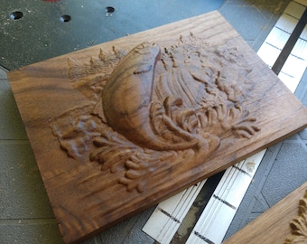 Solid Walnut Salmon Alaska Fishing 3D Carved Wall Hanging