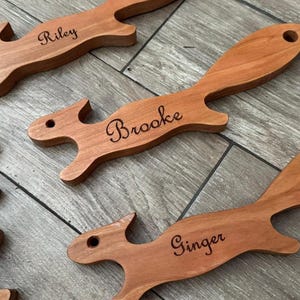 May include: A collection of light brown wooden squirrel-shaped ornaments, each featuring a small hole near the head and a laser-engraved name. The names Riley, Brooke, and Ginger are clearly visible on the bodies of the individual wooden cutouts.