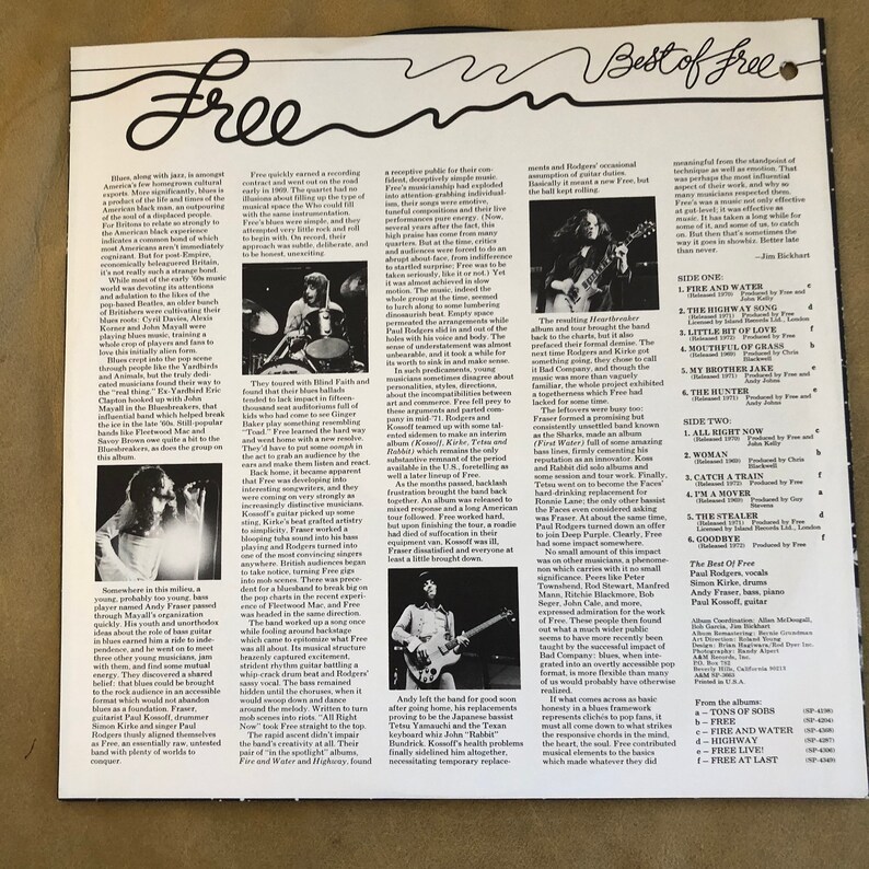 The Best Of Free LP Free 1972 White Label Promo