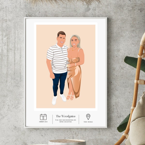 Ingelijst gepersonaliseerd paarportret, digitaal illustratiecadeau voor vriend, vriendin, partner, man, vrouw, aangepaste familieprint,