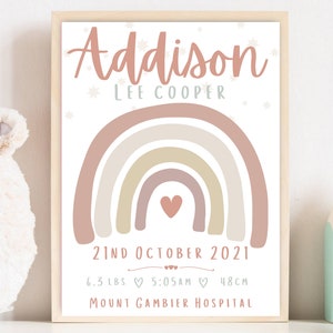 Impresión de bebé personalizada enmarcada, impresión de nacimiento, regalo de bebé personalizado, regalo de bautizo, impresión de detalles de nacimiento, estadísticas de nacimiento. Impresión arco iris, Nuevo