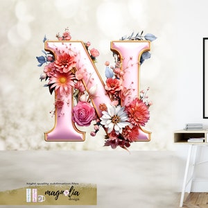 Diseño de sublimación de letra N con monograma floral rosa png