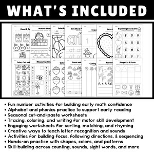 Full year printable preschool curriculum with activity sheets for teaching literacy, math, and science.