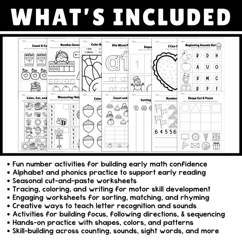 Full year printable preschool curriculum with activity sheets for teaching literacy, math, and science.