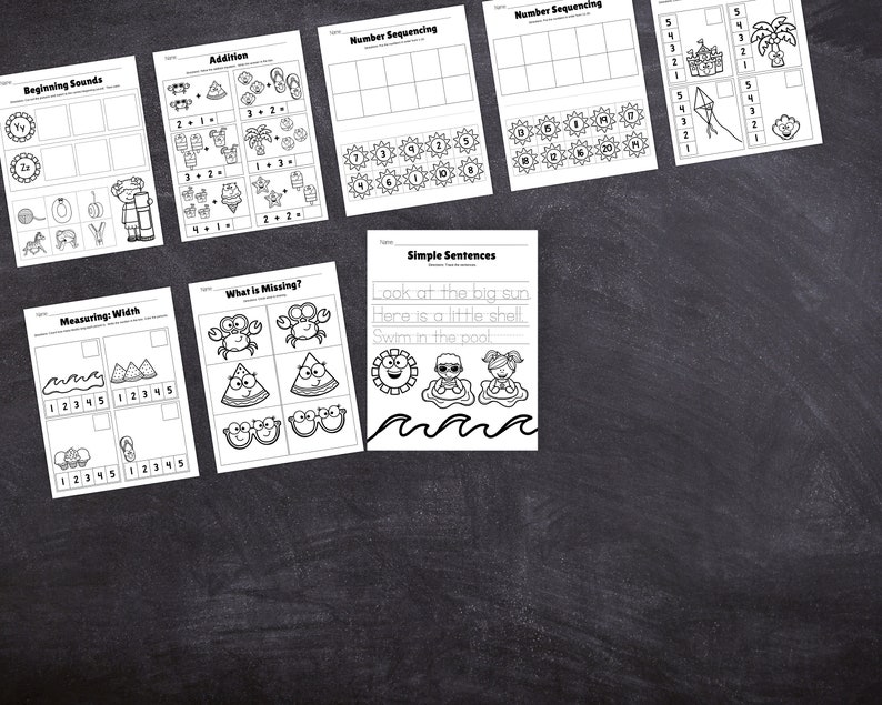 K&ouml;nnte beinhalten: Schwarz-wei&szlig;e druckbare Arbeitsbl&auml;tter f&uuml;r Kinder mit Sommermotiven wie Messen, Addition, Anfangslaute, Zahlenreihenfolge und einfachen S&auml;tzen. Die Arbeitsbl&auml;tter enthalten Bilder von einem Krebs, einer Wassermelone, einer Sonnenbrille, einer Sonne, einer Muschel und einem Pool.