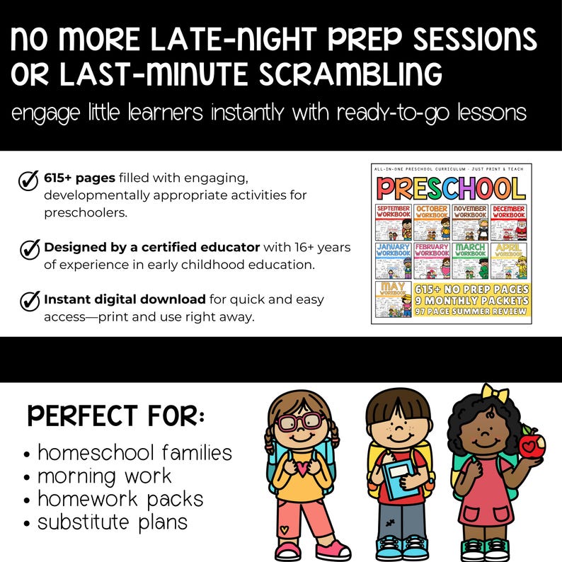 Organized binder of printable preschool activities laid out by theme and month for easy daily instruction.