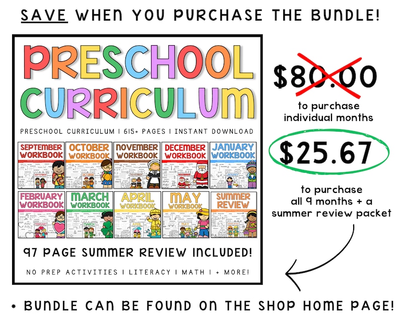 K&ouml;nnte beinhalten: Eine bunte Grafik f&uuml;r ein Vorschul-Lehrplan-Paket. Der Text lautet "Preschool Curriculum" mit einem Preis von 25,67 &euro; f&uuml;r das Paket und 80,00 &euro; f&uuml;r den Kauf einzelner Monate. Das Paket enth&auml;lt 97 Seiten mit Sommer-Wiederholungsaktivit&auml;ten.