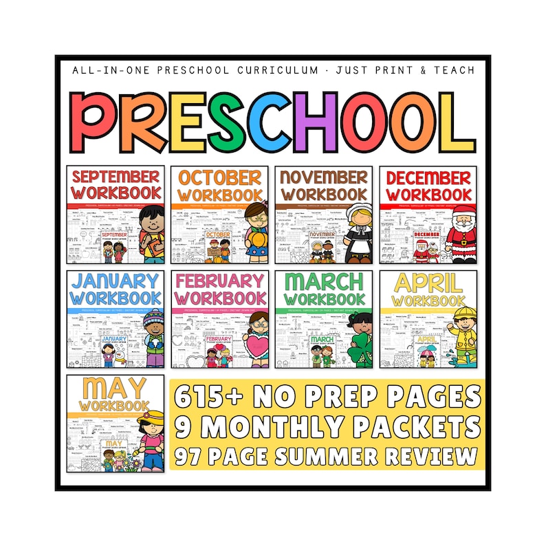 Printable preschool curriculum for 3 year olds shown in colorful, organized layout, perfect for home or classroom use year-round.