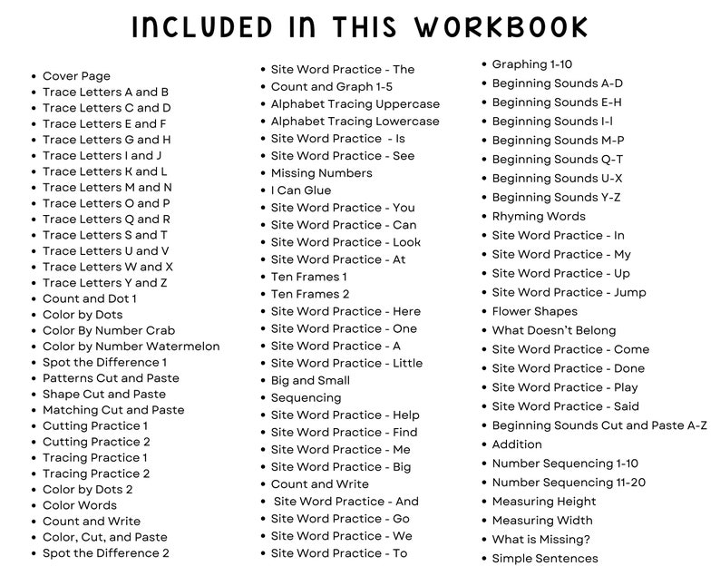 K&ouml;nnte beinhalten: Eine schwarz-wei&szlig;e Liste von Aktivit&auml;ten, die in einem Arbeitsbuch enthalten sind. Die Liste umfasst Aktivit&auml;ten wie das Nachzeichnen von Buchstaben, Z&auml;hlen, Malen und das &Uuml;ben von Wortbildern. Das Arbeitsbuch ist f&uuml;r junge Lernende konzipiert.