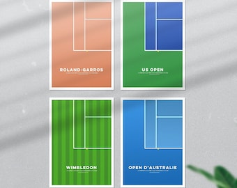 Set of 4 Tennis posters - Grand Slam - Roland Garros - Wimbledon - Australian Open - US Open - Minimalist printed illustration