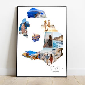 Santorin Affiche personnalisée carte avec photo collage – Cadeau personnalisé pour couple, famille – Noël, Fête des pères, anniversaire