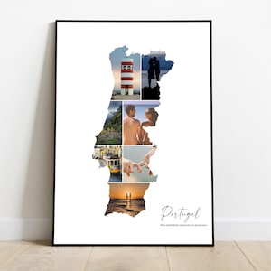 Portugal affiche personnalisée carte avec photo collage – Cadeau personnalisé pour couple, famille, amis- Noël, Fête des pères, anniversaire