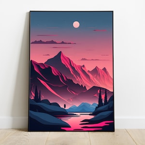 Poster paesaggistico, illustrazione di montagna e lago, serenità e calma, tonalità di decorazione murale rosa e blu, idea regalo stampabile