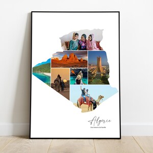 Algérie affiche personnalisée carte avec photo collage – Cadeau personnalisé pour couple, famille, amis – Noël, Fête des mères, anniversaire