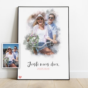 Póster de pareja personalizado - Retrato en acuarela con su foto, título y fecha - Idea de regalo - Fiesta de Navidad - Día de San Valentín - Boda
