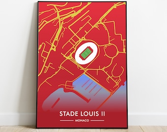 Plakat z mapą stadionu Ludwika II – Monako – Ilustracja drukowana – Idealny pomysł na prezent na Boże Narodzenie i urodziny – Dekoracja stadionu piłkarskiego