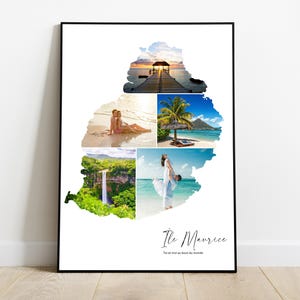 Île Maurice affiche personnalisée carte avec photo collage – Cadeau personnalisé pour couple, famille – Noël, Fête des pères, anniversaire