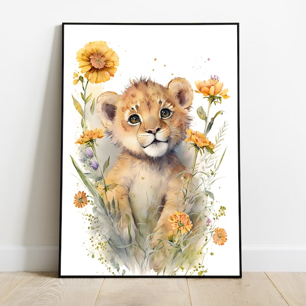 Lion baby poster, boy and girl room decoration - wall art for children animal illustration - Print, Personalize