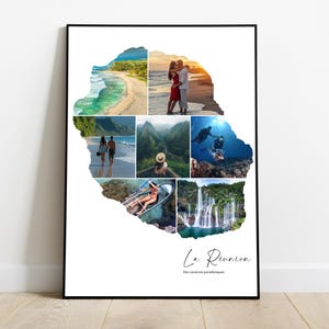 Île de la Réunion Affiche personnalisée carte - photo collage – Cadeau personnalisé couple, famille, amis–Noël, Fête des pères, anniversaire