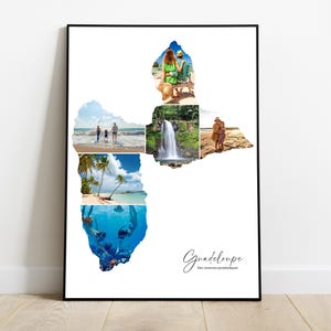 Guadeloupe Affiche personnalisée carte avec photos, Cadeau personnalisé pour couple, famille, amis, Noël, Fête des pères, anniversaire