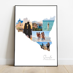 Sicile Affiche personnalisée carte avec photo collage – Cadeau personnalisé pour couple, famille, amis – Noël, Fête des pères, anniversaire