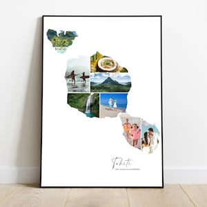 Tahiti affiche personnalisée carte avec photo collage – Cadeau personnalisé pour couple, famille, amis – Noël, Fête des pères, anniversaire