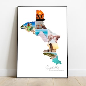 Seychelles affiche personnalisée carte avec photo – Cadeau personnalisé pour couple, famille, amis – Noël, Fête des pères et anniversaire