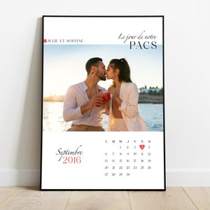 Póster de PACS, regalo de PACS, calendario de aniversario de pareja de PACS, regalo personalizado del Día de San Valentín con foto de nombres y fecha, impreso